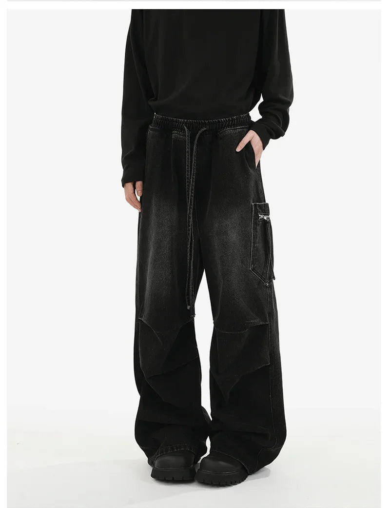 Pantalones vaqueros Cargo plisados de calle alta de otoño para Hombre, Pantalones vaqueros rectos de pierna ancha con bolsillo, moda Hip Hop Y2K, Vaqueros holgados