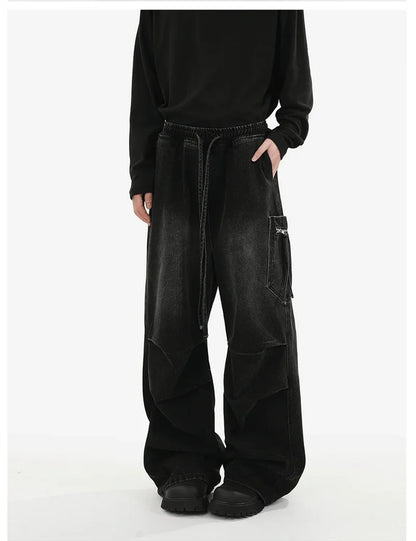 Pantalones vaqueros Cargo plisados de calle alta de otoño para Hombre, Pantalones vaqueros rectos de pierna ancha con bolsillo, moda Hip Hop Y2K, Vaqueros holgados
