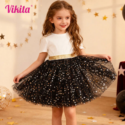 VIKITA, faldas tutú de malla con lentejuelas y estrellas plateadas doradas para niñas, minifalda elegante de tul negro brillante para fiesta de princesa, baile y Ballet
