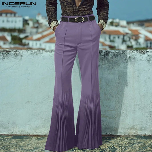INCERUN Men Pants Solid Color Button Pleated Casual Trousers Men Streetwear Loose Joggers Personality Fashion Male Flare Pants