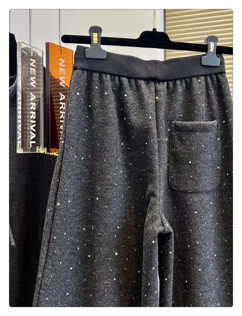 Pantalones de chándal de pierna ancha con forro polar, a la moda para principios de primavera, con empalme de diamantes, pant...