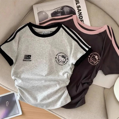 Sanrios HelloKitty, Camiseta de manga corta para niña, Camiseta de algodón puro con dibujos animados de primavera y verano, chaqueta para chicas calientes a rayas Kawaii Y2K para niños