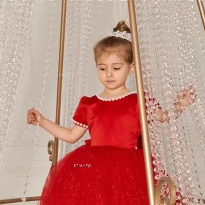 Vestido de fiesta de princesa rojo para niñas, vestido de tul hinchado para cumpleaños, violín, Piano, actuación, desfile de moda, ropa