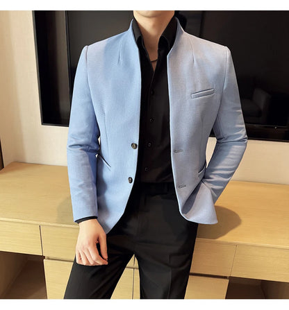Chaqueta de traje con cuello levantado de alta calidad para hombre, chaquetas de negocios informales, abrigo coreano con gofres para boda, novio, banquete, vestido de fiesta, 2025