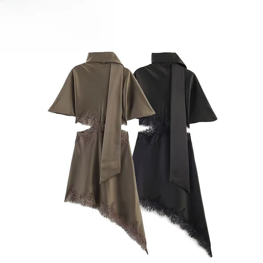 Vestido de Encaje Versátil y Moderno ZR, Nueva Llegada de Verano, Ropa de Mujer, Cuello Redondo, Manga Corta, Fibra de Poliés...