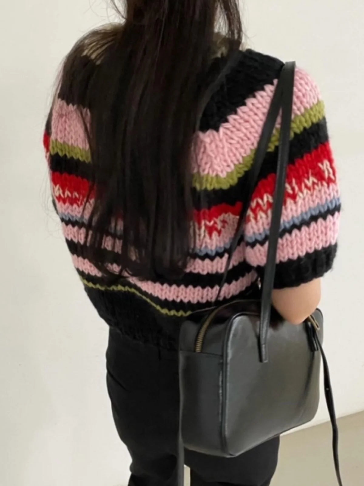 Suéter de punto con rayas arcoíris para mujer, cuello redondo elegante, manga corta, corte ajustado, estilo nuevo de otoño in...
