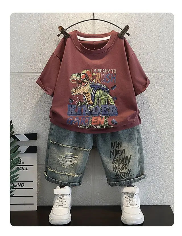 Conjunto de Verano para Niños 2026, Camiseta de Algodón con Estampado de Dibujos Animados y Letras + Pantalones Cortos de Mezclilla, Ropa Infantil