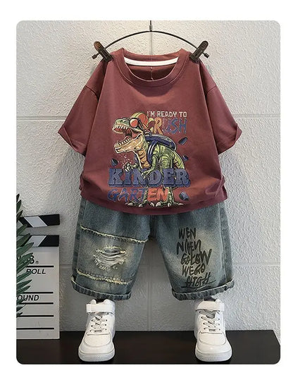 Conjunto de Verano para Niños 2026, Camiseta de Algodón con Estampado de Dibujos Animados y Letras + Pantalones Cortos de Mezclilla, Ropa Infantil
