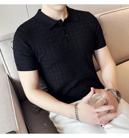 Polo de manga corta de punto Jacquard para hombre, camiseta de Golf con solapa de moda, ajustada, nueva