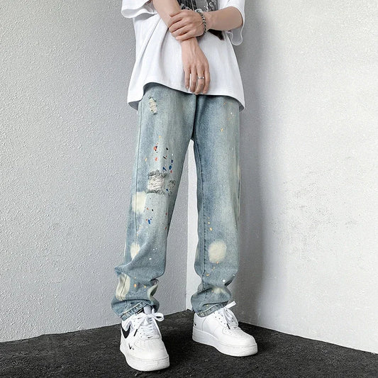 Vaqueros Baggy Rotos con Diseño de Tinta Salpicada para Hombre, Novedad 2026, Moda Hip Hop, Pantalones Vaqueros Rectos con Agujeros y Graffiti, Estilo Y2K Streetwear