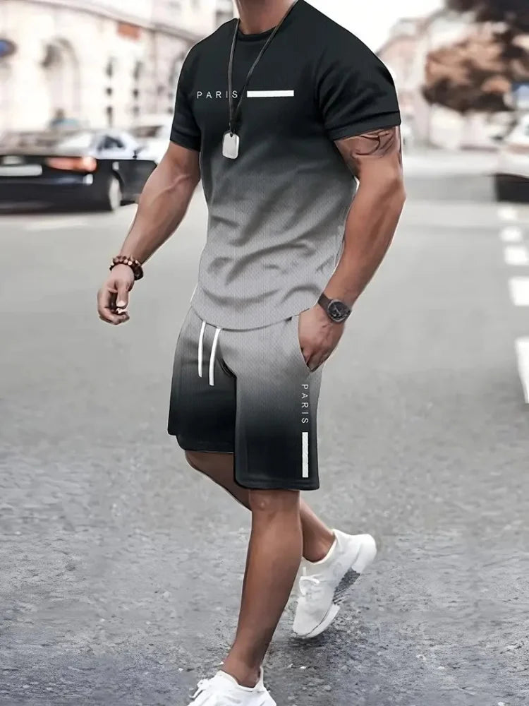 Sencillo de mármol con estampado en 3D, Top y Shorts de cuello redondo para hombres, moda urbana, traje informal de día a día para hombres