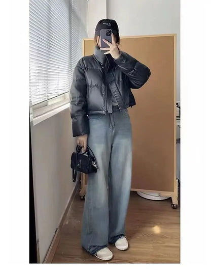 Nueva Chaqueta Corta de Mujer 2024 de Cuero PU Grueso con Relleno de Algodón, Estilo Abrigo Acolchado Cálido de Invierno, Ide...