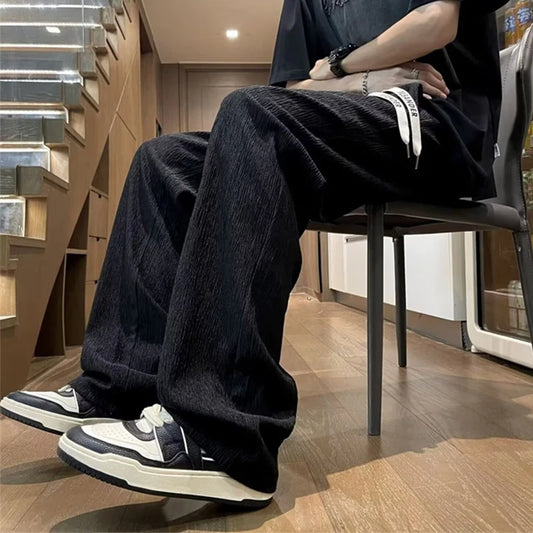 Pantalones de Seda Helada Texturizados para Hombre, Novedad 2026, Estilo Casual, Pierna Recta, con Cordón, Holgados, Estilo Y2K Vintage, Streetwear