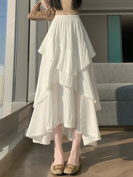 Falda larga asimétrica plisada blanca estilo romántico para mujer, de cintura alta, con encaje y corte en A, tipo paraguas, q...