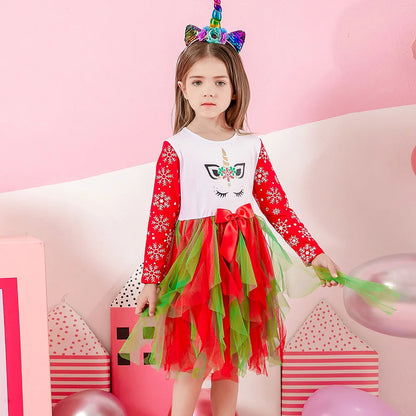 VIKITA Vestido navideño de unicornio para niñas, vestido tutú con estampado de copos de nieve de manga larga para niños con falda de tul escalonada roja y verde para Navidad