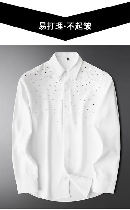 Camisa de Manga Larga Decorada con Pedrería para Hombre, Camisa de Vestir para Banquetes y Fiestas, Camisa Casual de Negocios, Camisa Masculina