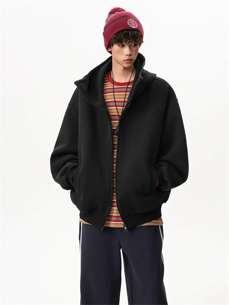 Sudaderas con capucha y cremallera de Color liso para hombre, sudaderas con capucha de moda de venta al por menor Retro, chándal informal de algodón de gran tamaño, novedad de 2026
