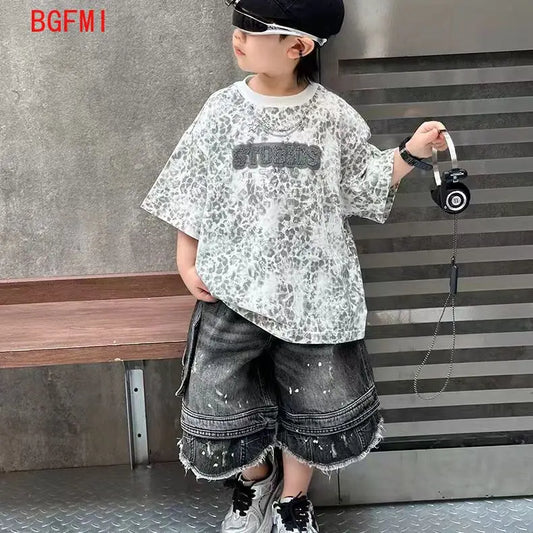 Conjunto de verano para adolescentes, niños y niñas, Camiseta de algodón de manga corta con estampado de leopardo, pantalones cortos, conjunto informal holgado de 2 piezas para niños
