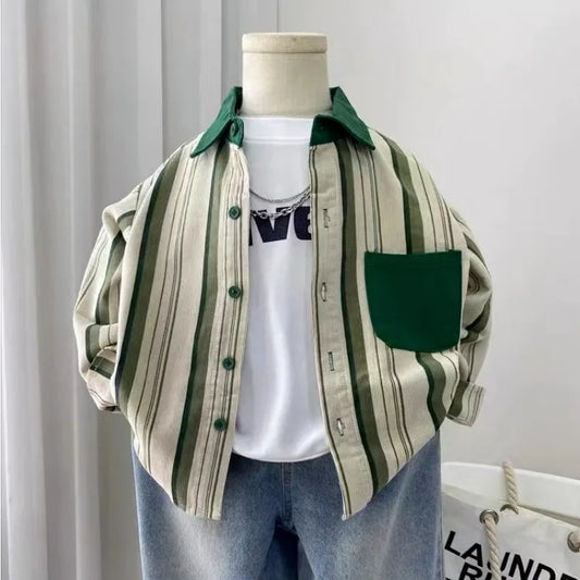 Camisa de Pana a Rayas para Niños, Estilo Otoño 2026, para Niños Pequeños, Elegante y Moderna, para Primavera y Otoño, de 2 a 10 Años