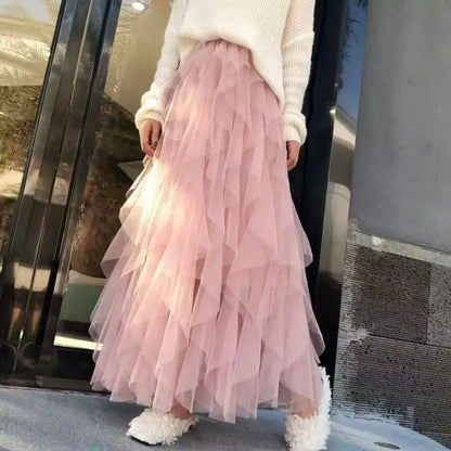 2025 New Fashion Tutu Tulle Skirt Women Long Maxi Skirt Spring Summer Korean Black Pink High Waist Pleated Skirt Female One Size