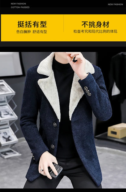 Chaquetas de lana de invierno coreanas para hombres, chaqueta de mezcla de lana gruesa de felpa con solapa, gabardina larga informal de negocios, abrigo de calle