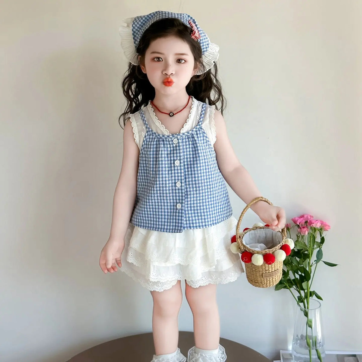Conjunto de Dos Piezas con Estampado a Cuadros para Niñas, Top Halter con Cuello en V y Falda Corta, Mezcla de Algodón y Poli...