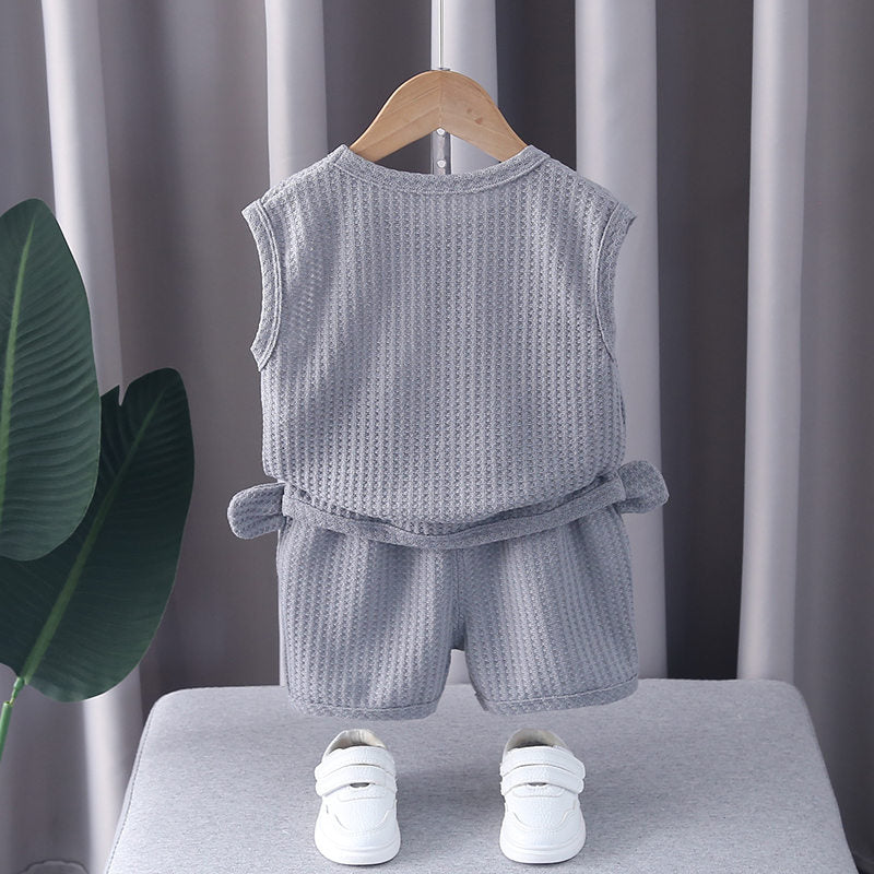 Ropa de oso para niños y niñas, chaleco de cuello redondo, pantalones cortos, chándales de dibujos animados para niños pequeños, moda de verano, nuevo conjunto de 2 piezas
