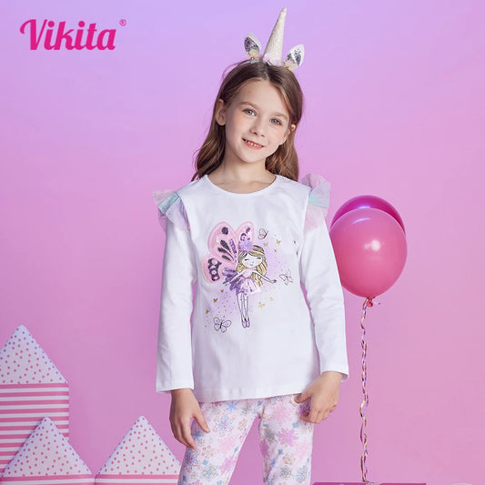 VIKITA, camisetas y camisetas informales de algodón para niños, camisetas para niños pequeños, camiseta blanca de manga acampanada con dibujos de elfos para otoño y primavera de 10 a 12 años