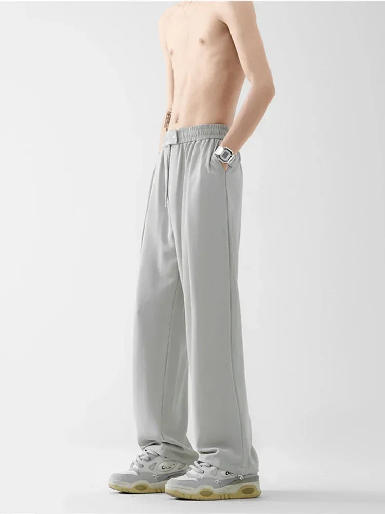 Pantalones bombachos holgados rectos lisos de verano para hombre, pantalones de chándal drapeados deportivos informales, pantalones de pierna ancha con cordón, novedad de 2025