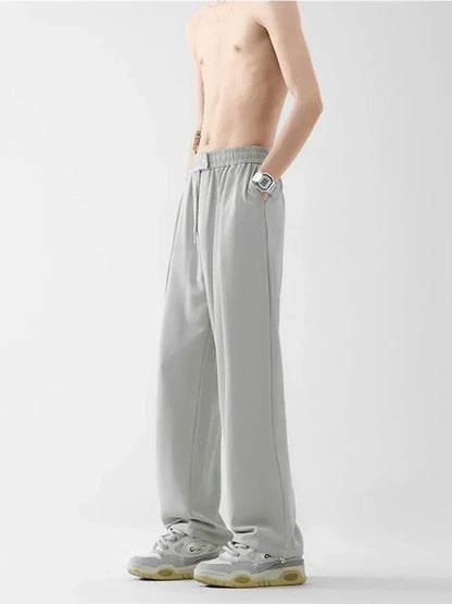 Pantalones bombachos holgados rectos lisos de verano para hombre, pantalones de chándal drapeados deportivos informales, pantalones de pierna ancha con cordón, novedad de 2025
