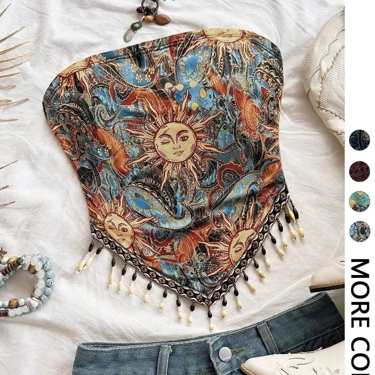Top de tubo de punto de malla estampado de 1 pieza para mujer con dobladillo triangular y adornos de flecos con cuentas
