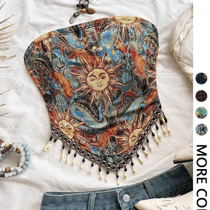 Top de tubo de punto de malla estampado de 1 pieza para mujer con dobladillo triangular y adornos de flecos con cuentas