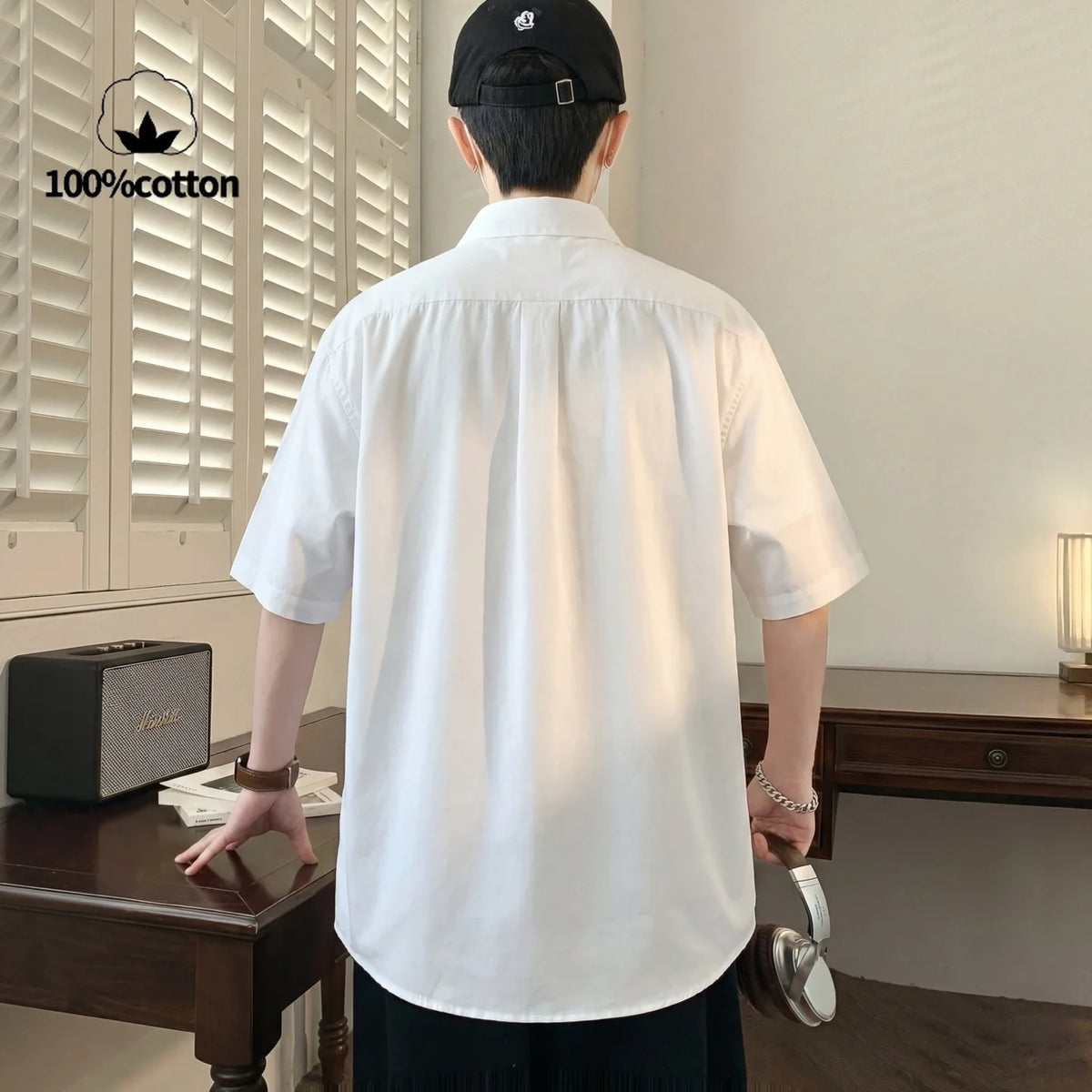 Camisa de Manga Corta para Hombre, 100% Algodón, Transpirable, Casual, de Color Sólido, con Botones, Cuello Clásico, para Uso Diario