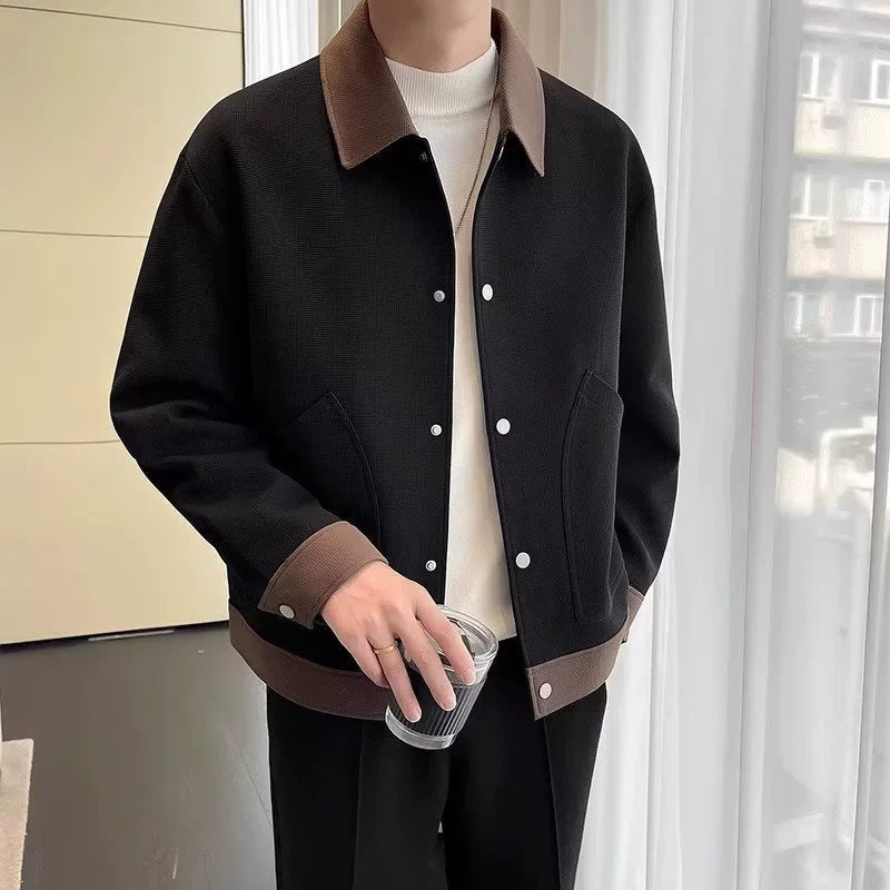 Chaquetas de moda de primavera y otoño para hombre, prendas de vestir informales con cuello vuelto de retazos, chaqueta holgada de vitalidad juvenil de estilo coreano para hombre