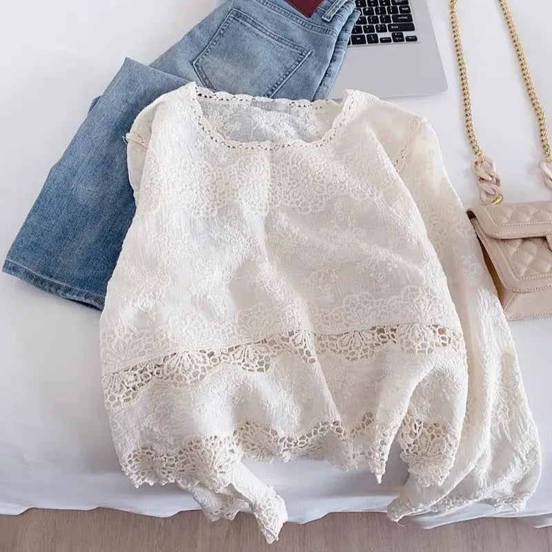 Blusas de algodón de primavera para mujer, camisas elegantes de manga larga caladas con encaje de ganchillo