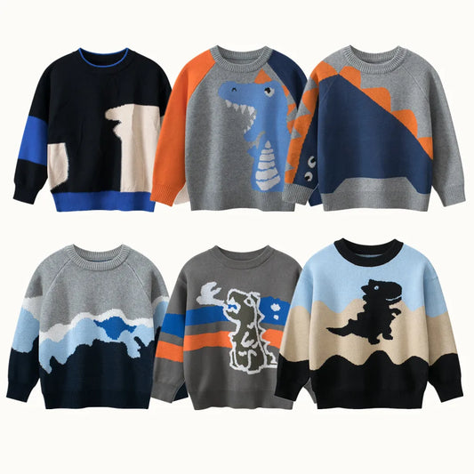 2024 suéter para niños 100% algodón novedad lindo Panda oso dinosaurios dibujos animados chico suéter de punto Casual suéteres deportivos