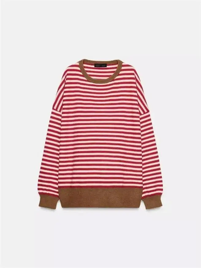 Suéter de punto informal y versátil de manga larga con cuello redondo para mujer, estilo universitario, con patrón de rayas, ...