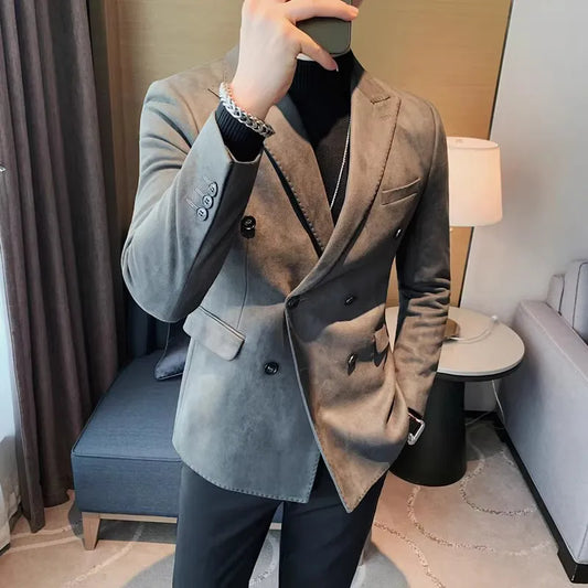 Chaqueta de ante con botones de doble botonadura para hombre, traje de negocios informal, ropa de calle Social, otoño e invierno, 2023