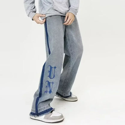 Nuevos pantalones vaqueros holgados azules con estampado de letras góticas Y2K para hombre, ropa de calle Vintage, pantalones vaqueros de pierna recta, pantalones vaqueros holgados de moda Hip Hop