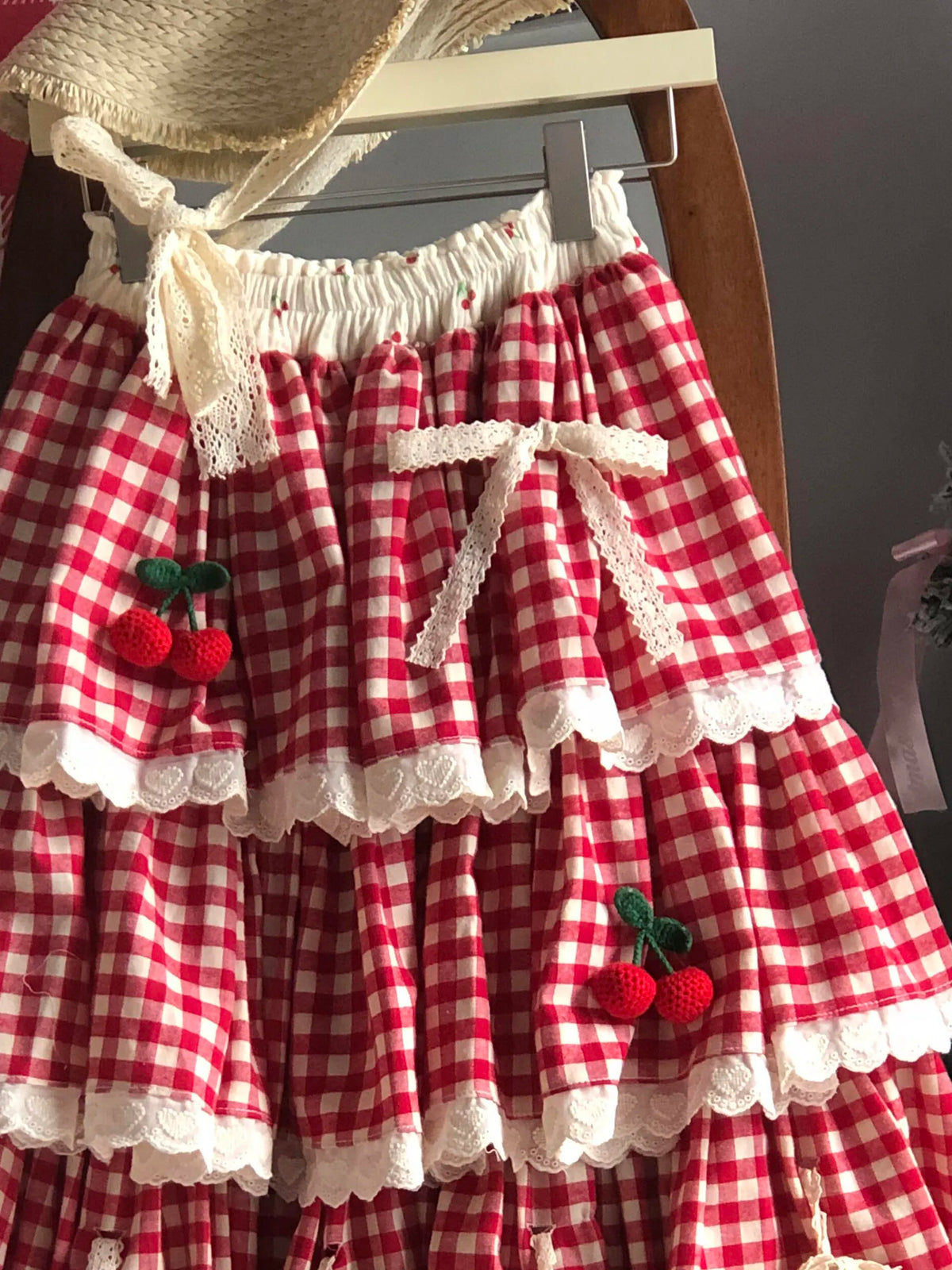 Falda de cintura alta con patchwork de cerezas, estilo A, para mujer, nueva colección primavera-otoño-invierno, dulce falda d...