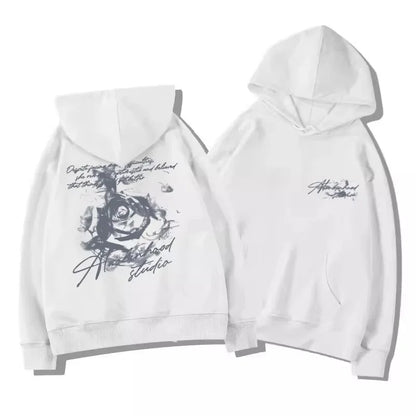Sudadera con Capucha para Hombre, Estampado Vintage de Rosas, Estilo Urbano Oversize, Gráfico de Letras Cursivas, Sudadera Casual para Otoño e Invierno
