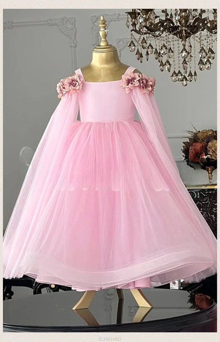 Vestido de boda para niños, vestidos de boda rosas con flores para niñas, ropa para niños, actuación de Piano, presentador, vestido de fiesta de cumpleaños de princesa, disfraz