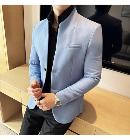 Chaqueta de traje con cuello levantado de alta calidad para hombre, chaquetas de negocios informales, abrigo coreano con gofres para boda, novio, banquete, vestido de fiesta, 2025