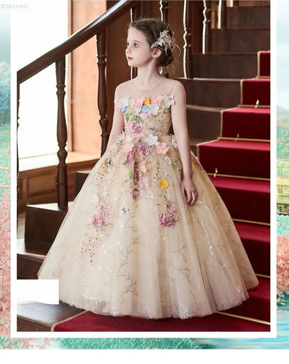 Vestido de fiesta de estilo francés para niñas con flores para el pequeño presentador Piano Recital flor niña boda niños vestido de desfile vestidos
