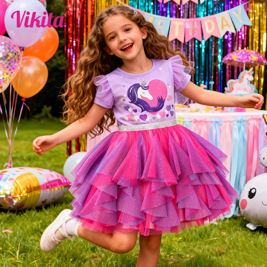 VIKITA, Vestidos de verano de manga corta con estampado de unicornio en forma de corazón para niñas pequeñas, vestido tutú de princesa de fiesta Irregular con purpurina para niños