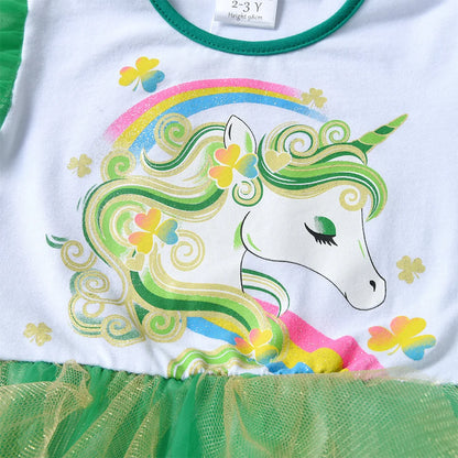 Vestido de manga acampanada para niña, vestidos de tutú irregulares de malla de tul verde para niño, vestido de Parry para Festival de vacaciones de princesa unicornio brillante