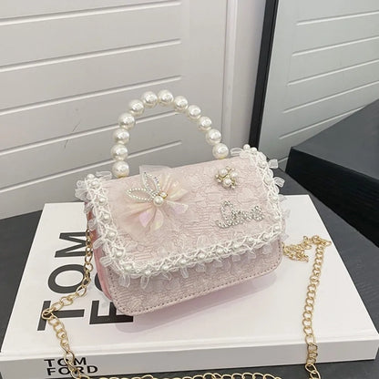 Bolso Bandolera Infantil de Encaje con Perlas, Ligero, Estilo Princesa, con Correa Ajustable