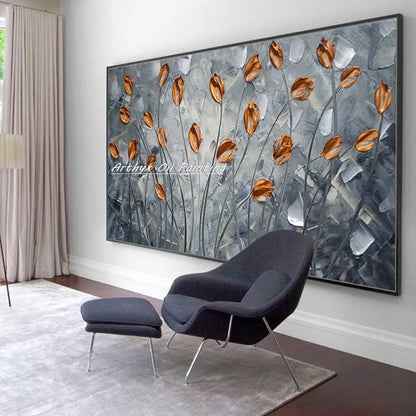 Arthyx, pintura al óleo de flores doradas pintada a mano con espátula sobre lienzo, cuadro artístico abstracto para decoración del hogar, sala de estar y dormitorio