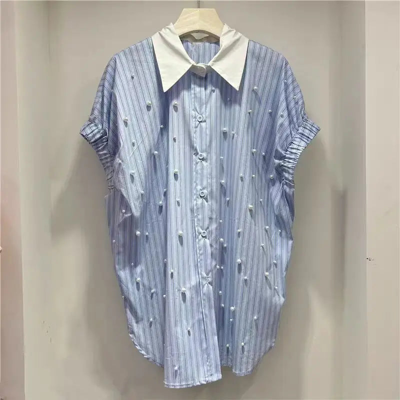 Nuevas Blusas de algodón con cuentas de peras, camisas informales holgadas a rayas para mujer, Blusas de manga corta de gran tamaño con tendencia de verano 2025