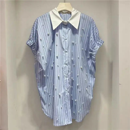 Nuevas Blusas de algodón con cuentas de peras, camisas informales holgadas a rayas para mujer, Blusas de manga corta de gran tamaño con tendencia de verano 2025